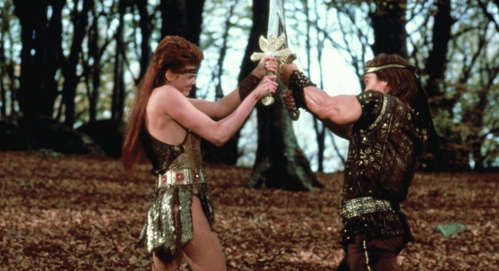 Brigitte Nielsen as Red Sonja and Arnold Schwarzenegger as Lord Kalidor in Red Sonja (1985)